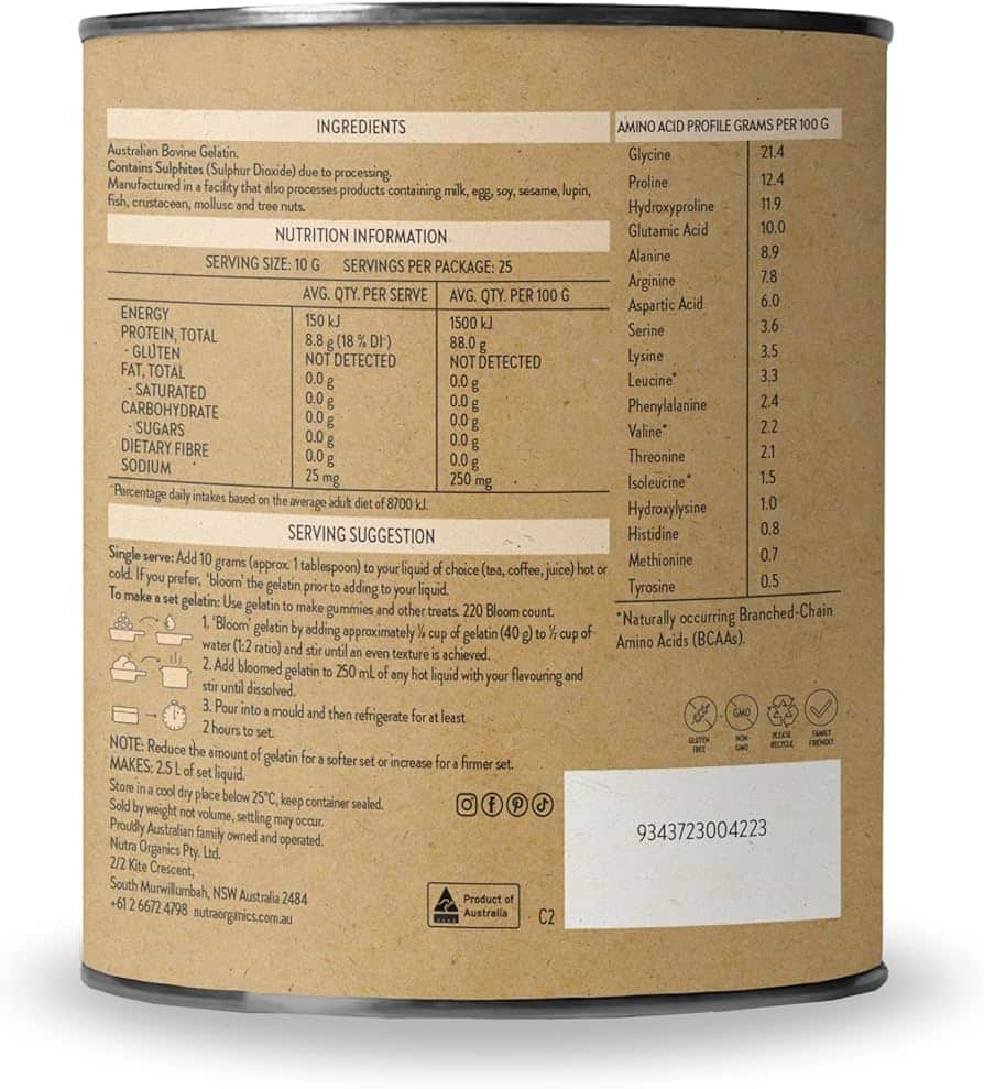 Natural Gelatin Cannister 250g Nutra Organics
