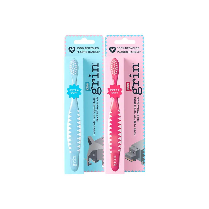 Kids 100% Recycled Toothbrush Extra Soft Pink Blue x8 Grin