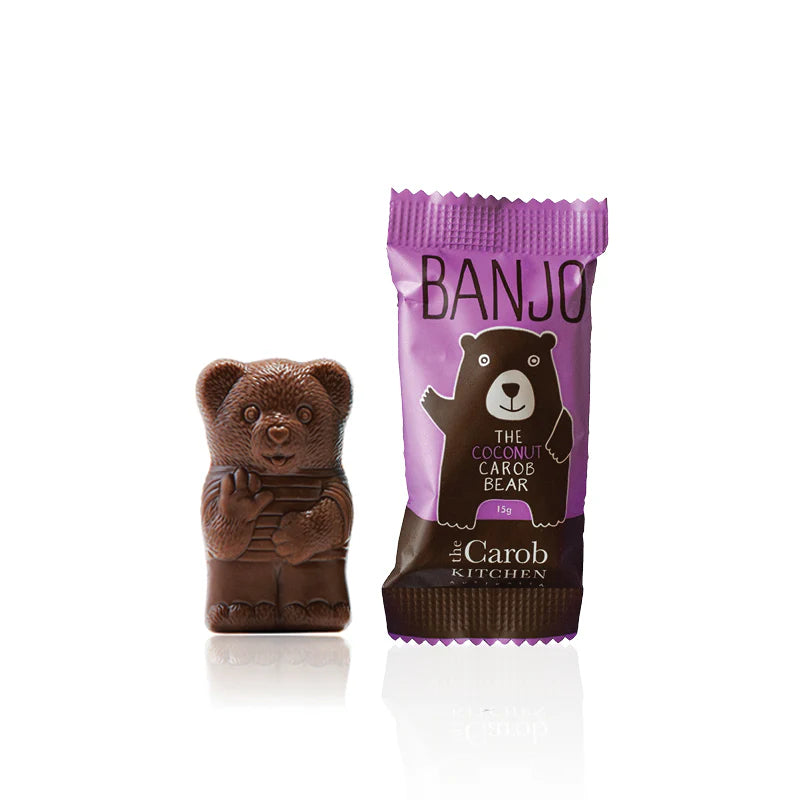 Chocolate bear with purple packaging featuring 'BANJO' branding on a white background