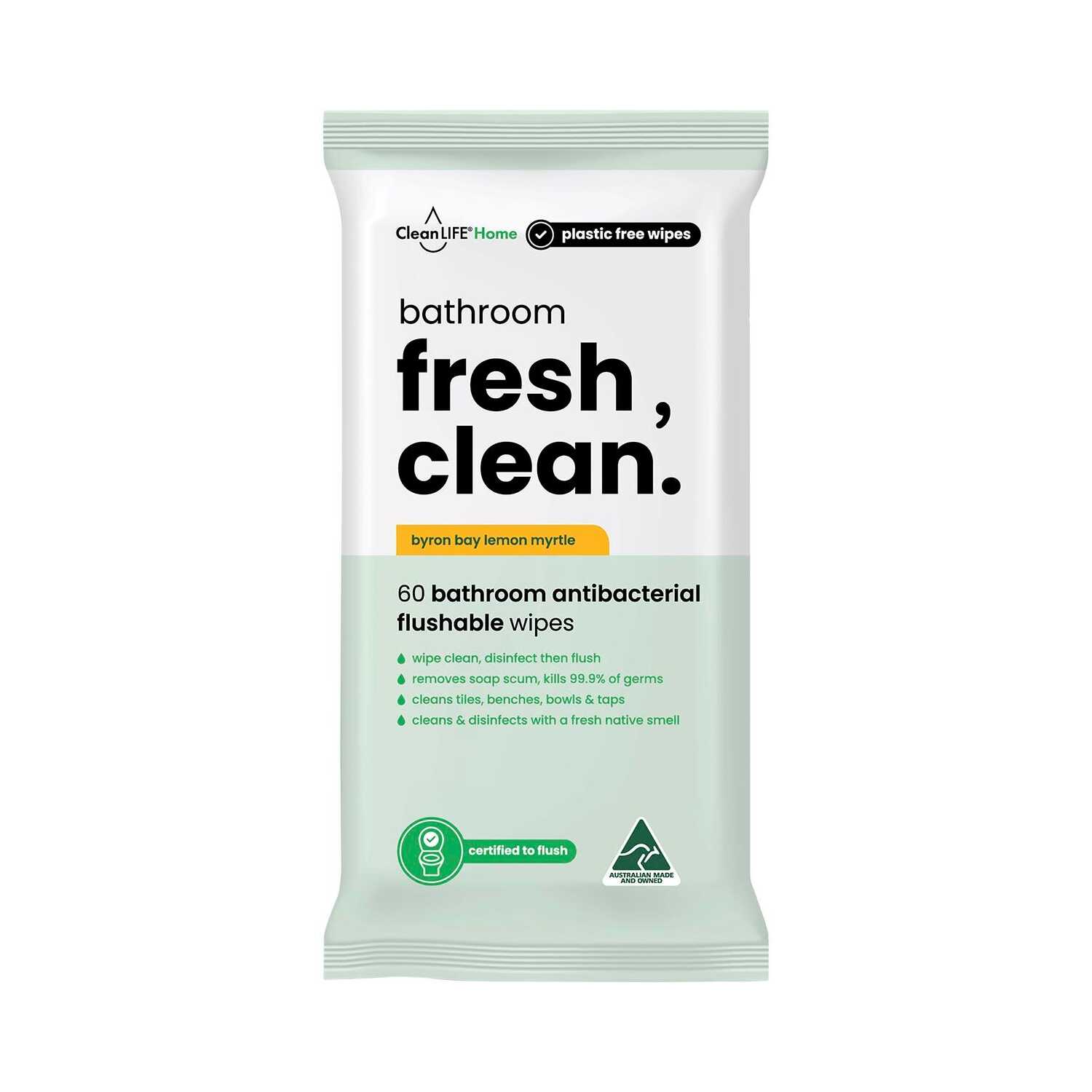 Bathroom Fresh Clean Flushable Plastic Free Wipes 60pk CleanLife