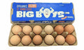 A cardboard carton of Big Boys brand organic 12 jumbo eggs, with the blue branded lid propped open above a brown paper egg tray holding twelve eggs on a white background.