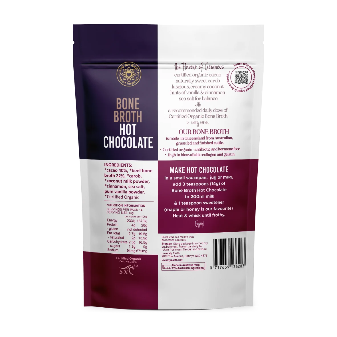 Certified Organic Bone Broth Hot Chocolate 196g Love My Earth