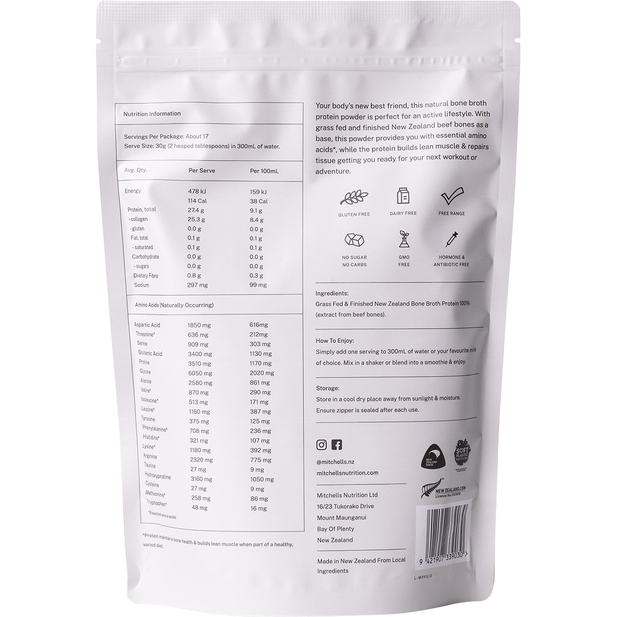 Bone Broth Protein Powder Unflavoured 500g Mitchells Nutrition