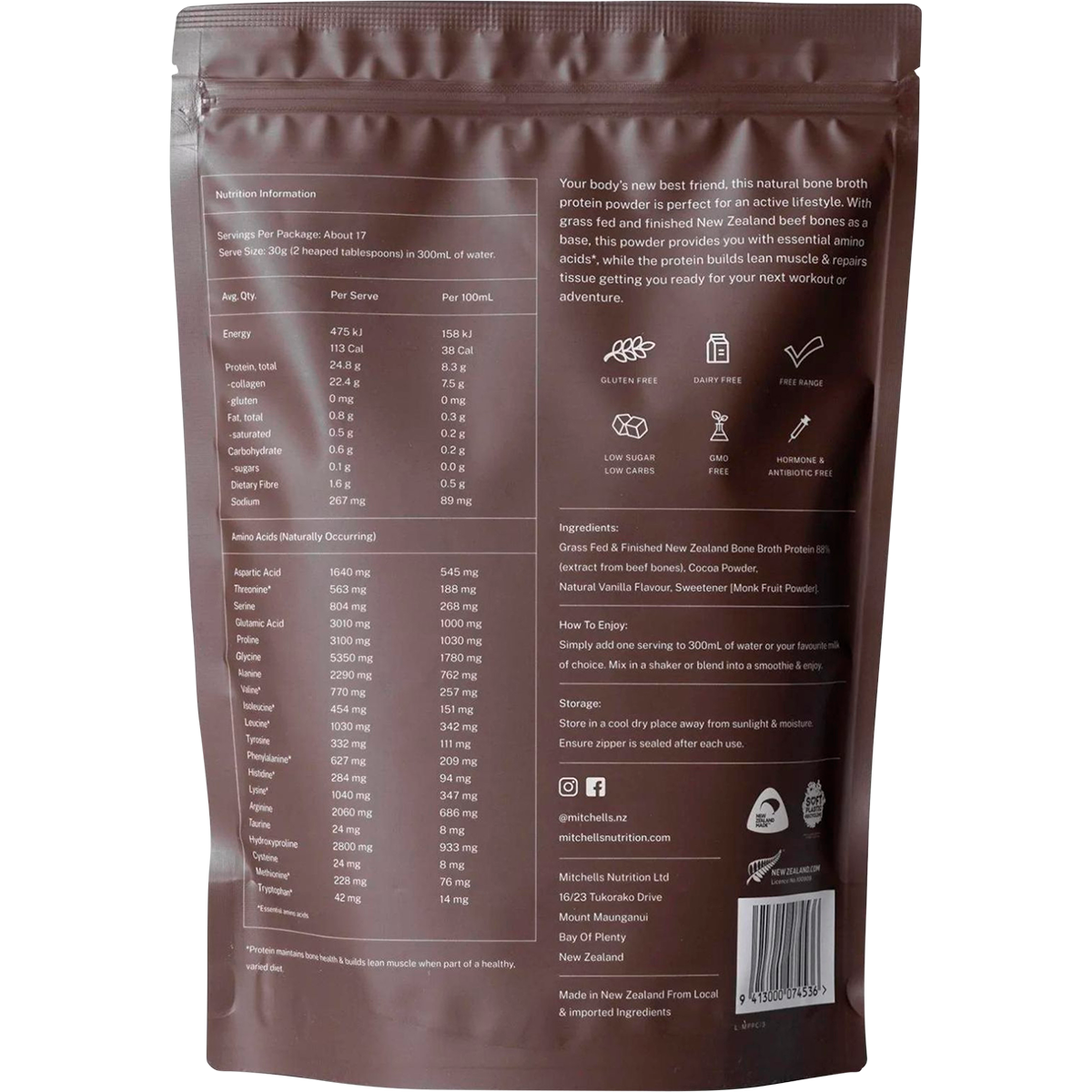 Bone Broth Protein Powder Chocolate 500g Mitchells Nutrition