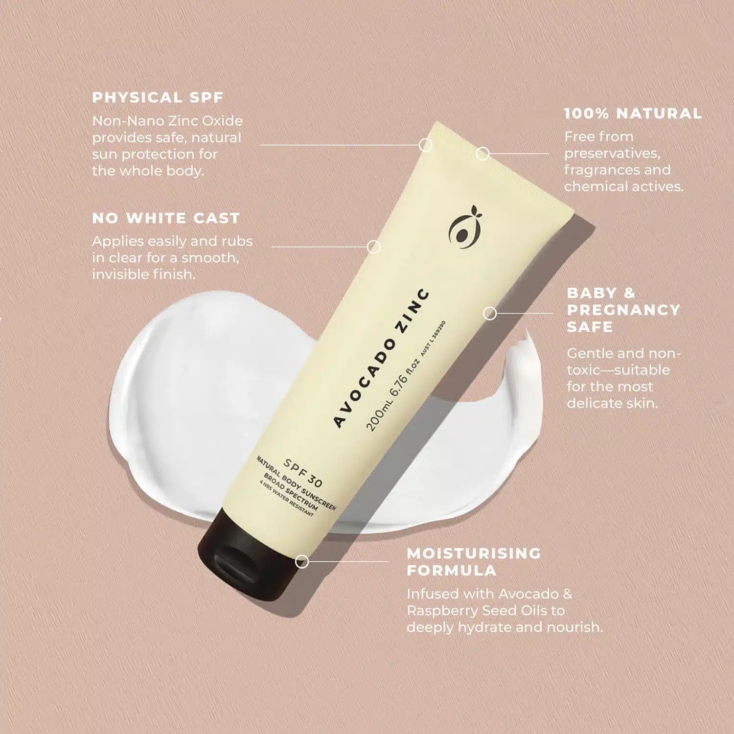 Natural Body Sunscreen 200ml SPF30 Avocado Zinc