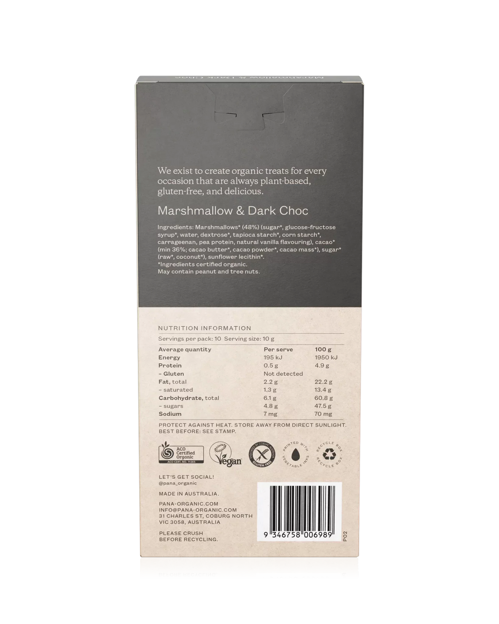 Dark Choc Marshmallow 100g Pana Organic