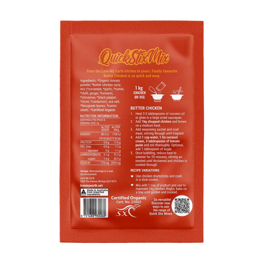 Quick Stix Mix Organic Butter Chicken Recipe Base 45g Love My Earth
