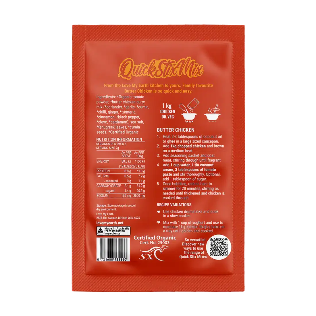 Quick Stix Mix Organic Butter Chicken Recipe Base 45g Love My Earth