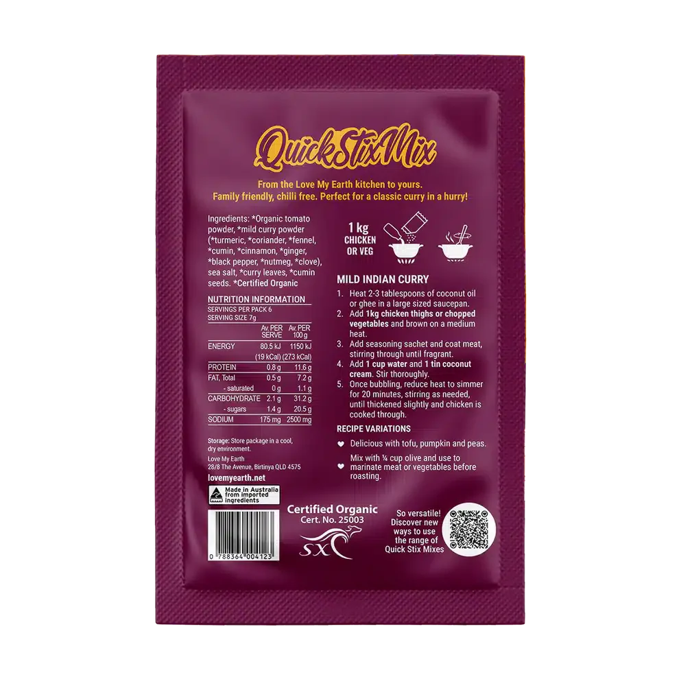 Quick Stix Mix Organic Mild Indian Curry Recipe Base 45g Love My Earth