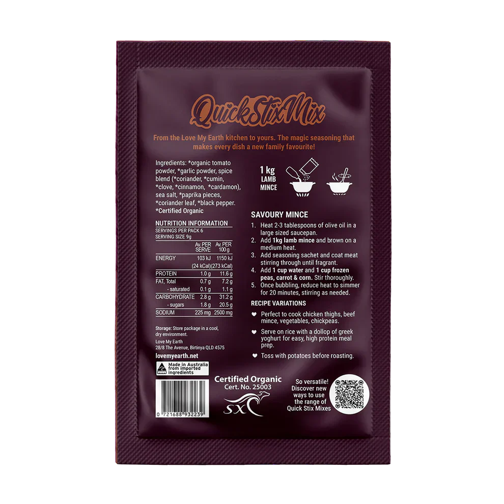 Quick Stix Mix Organic Savoury Mince Recipe Base 55g Love My Earth