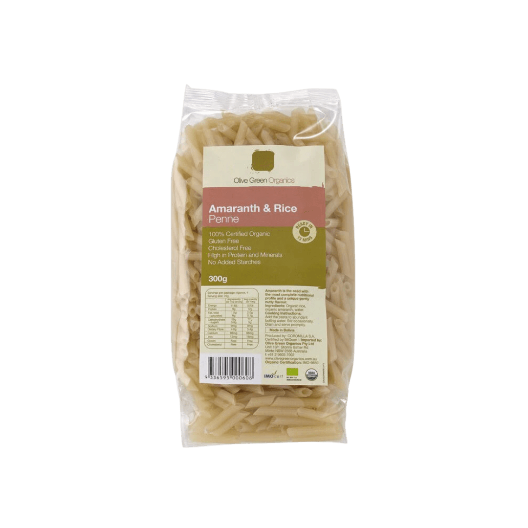 Amaranth & Rice Penne 300g Olive Green Organics