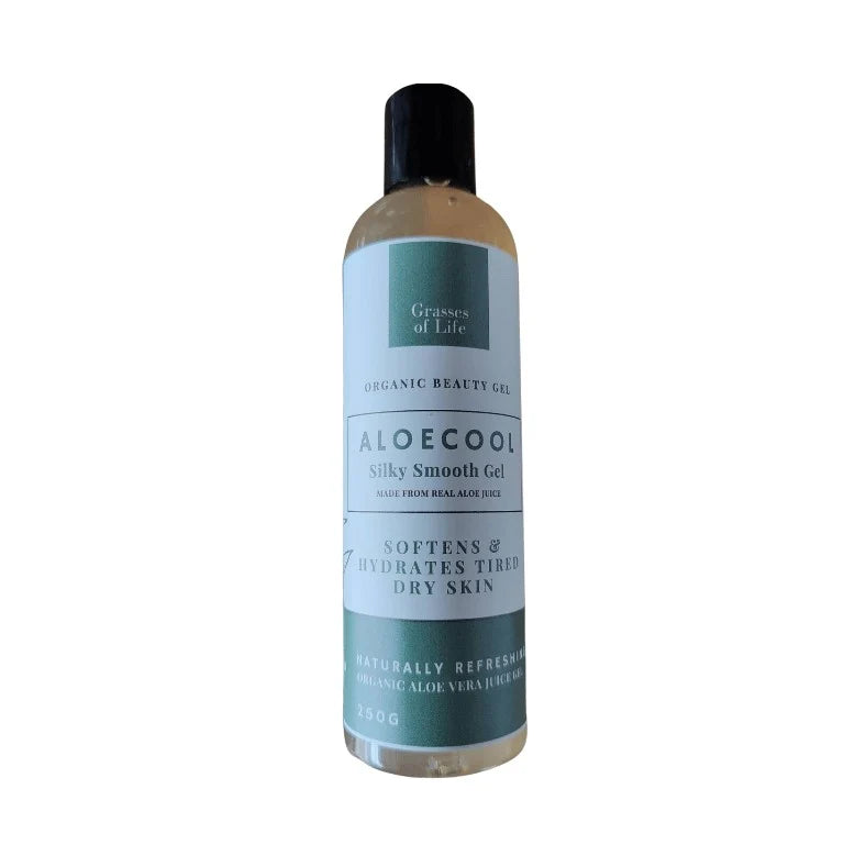 Bottle of Aloecool Silky Smooth Gel with a white background