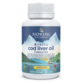 Bottle of Nordic Naturals Arctic cod liver oil capsules on a white background