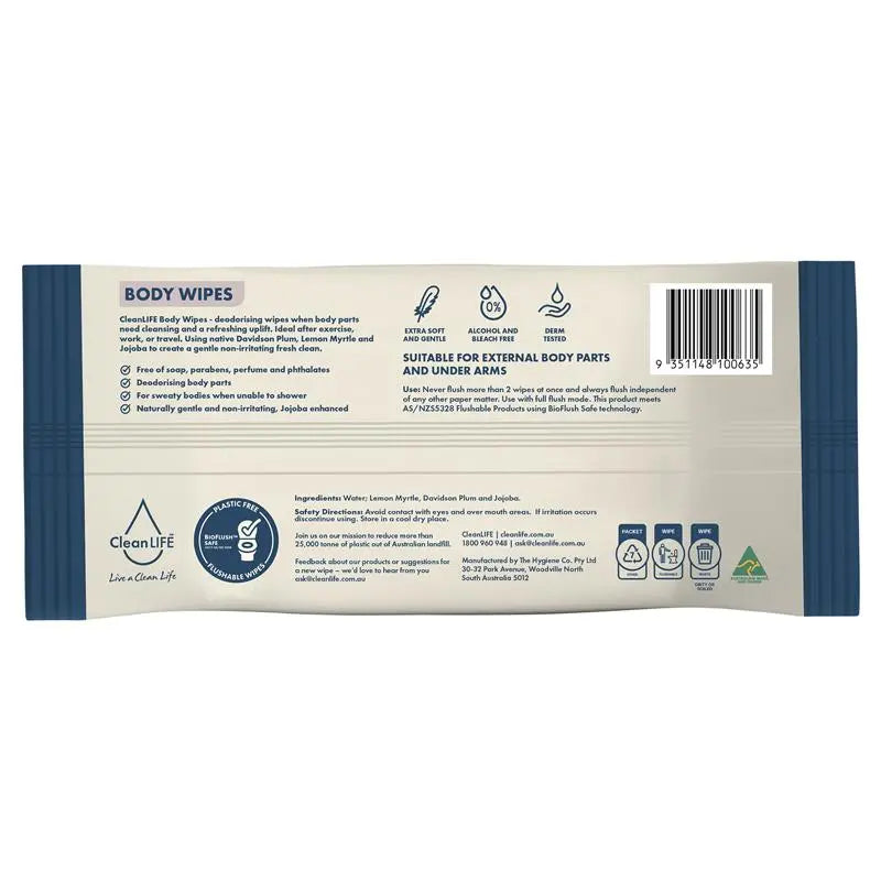 Back view of a package of body wipes with CleanLife branding and product details.