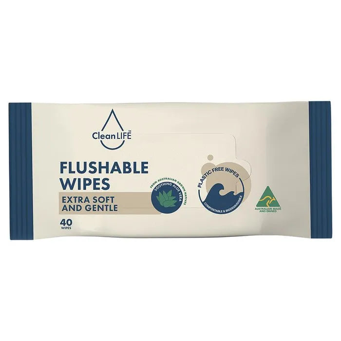 Package of CleanLife flushable wipes on a white background
