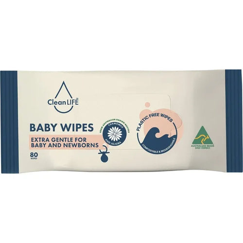 Package of Clean Life baby wipes with branding and product details on a white background