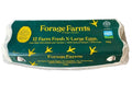 Carton of Forage Farms eggs on a wooden surface