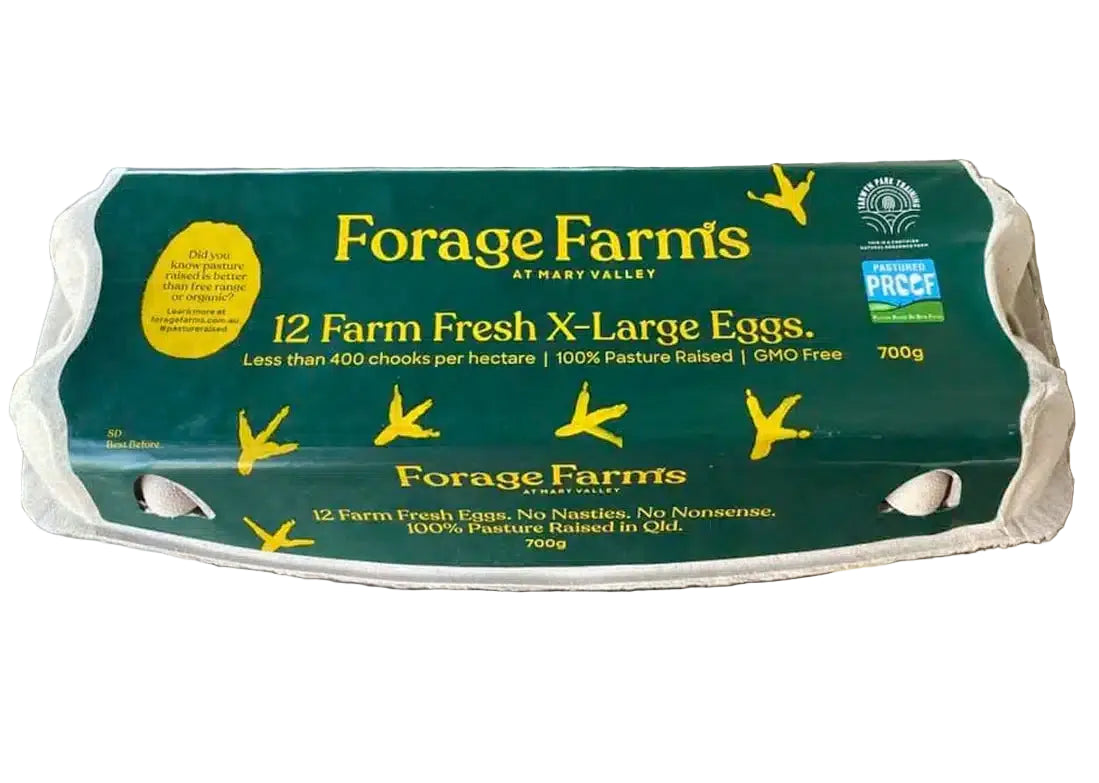 Carton of Forage Farms eggs on a wooden surface