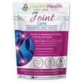 A stand-up pouch of GelatinHealth Joint Care supplement on a plain white background. The packaging is primarily white with a large magenta/purple panel, a blue anatomical leg graphic, and multicolor wave accents near the top.