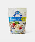 A stand-up pouch of GF Organics Organic Oats on a white background. The packaging features a white top section, a blue banner with white text, a yellow-green badge, and a photo of a bowl of oats topped with fruit and milk.
