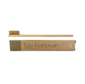 A bamboo-handled toothbrush with light brown bristles is shown above its kraft paper packaging box labeled 'Eco Toothbrush' on a plain white background.