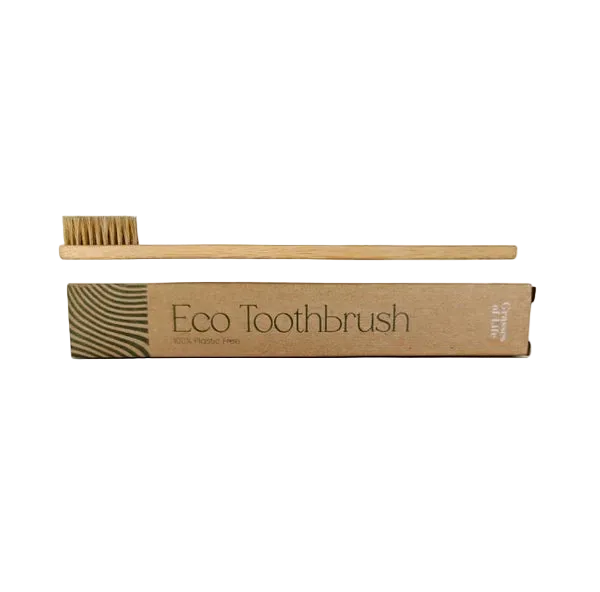 A bamboo-handled toothbrush with light brown bristles is shown above its kraft paper packaging box labeled 'Eco Toothbrush' on a plain white background.