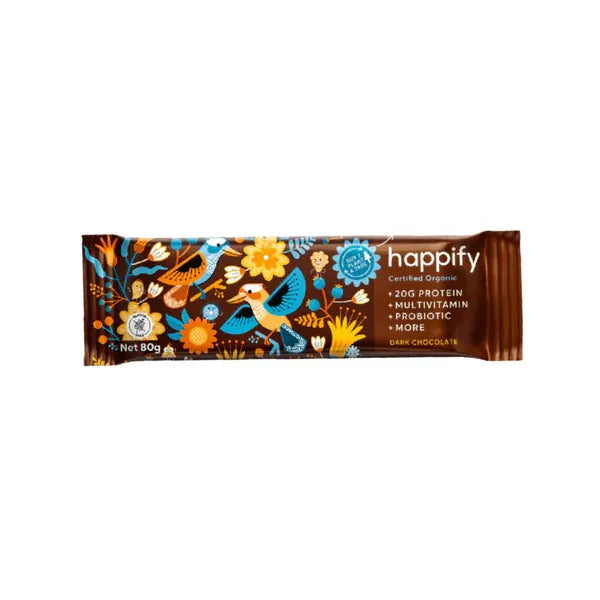 Happify protein bar with colorful packaging on a white background