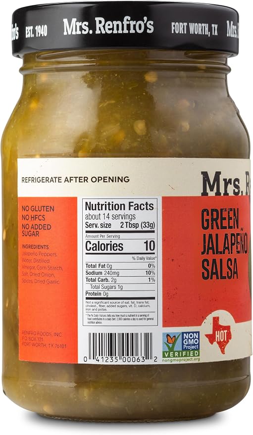 Back of the jar of salsa with nutrition information on a white background.