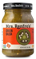 A jar of Mrs. Renfro's Green Salsa with a black lid and a white and orange label, shown against a plain white background.