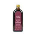 A bottle of Mr. Wilder Organics Elderberry Juice with a dark purple label and a gold cap, shown on a plain white background.