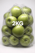 Bag of green apples labeled '2KG' on a white background