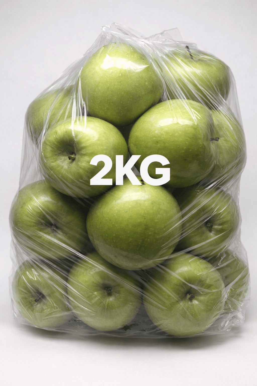 Bag of green apples labeled '2KG' on a white background
