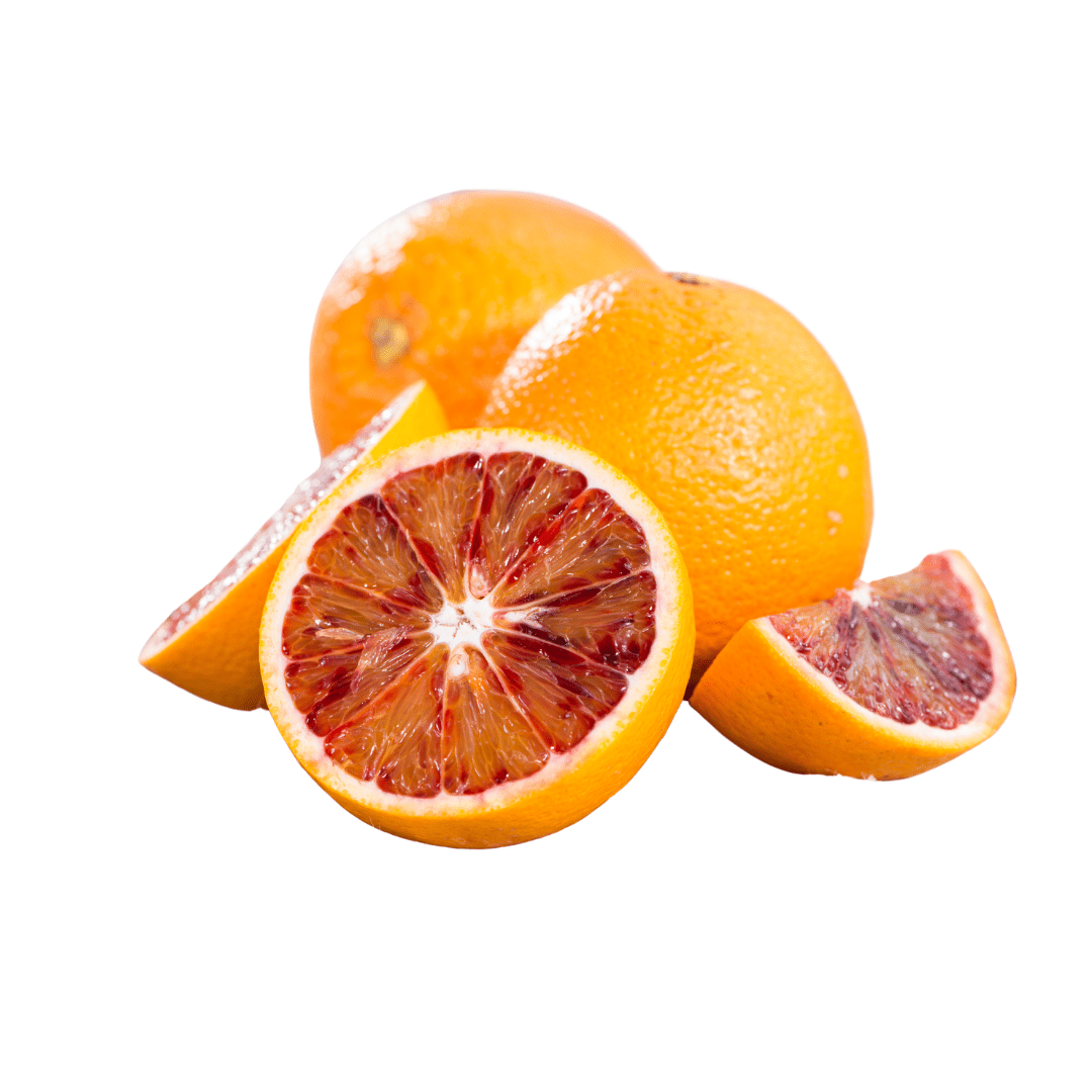 Blood oranges with a halved orange showing vibrant red flesh on a white background