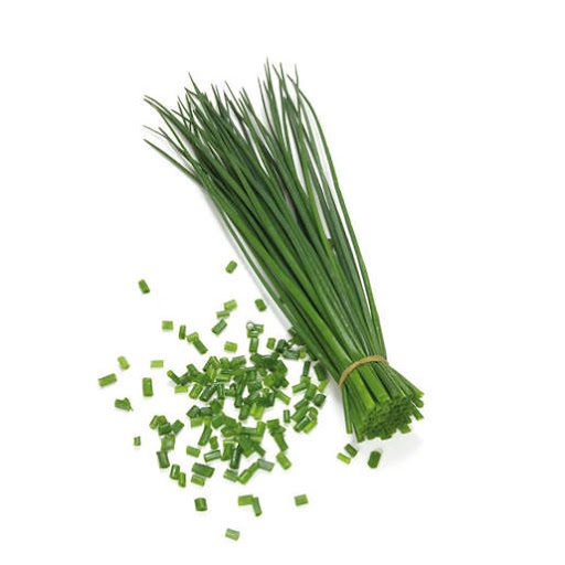 Bunch of chives with chopped chives on a white background