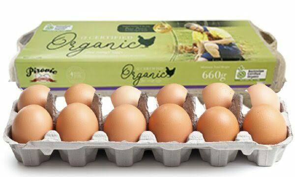 A carton of organic eggs shown open, with brown eggs in a gray plastic tray in front of a light green branded box. The box reads 'Pirovic Organic' and '660g'.