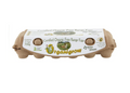 A brown cardboard egg carton holding 12 eggs, with a white label reading 'Certified Organic Free Range Eggs' and the brand name Organigrow, on a plain white background.