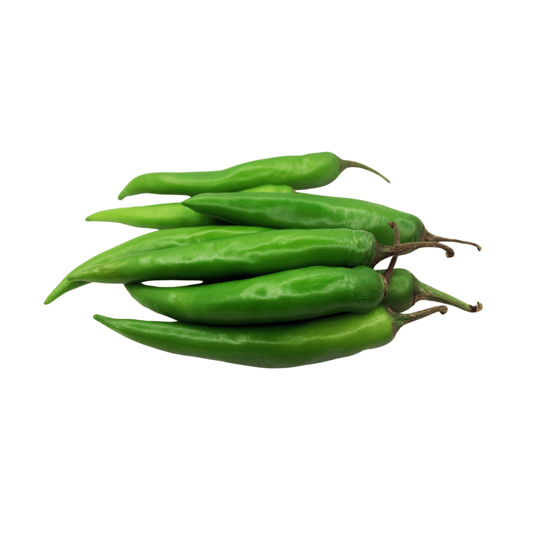 Green chili peppers on a white background