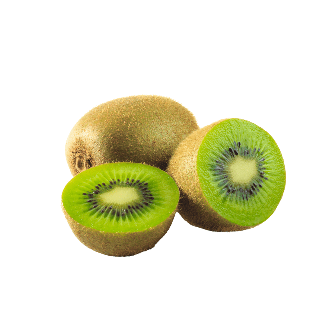 Three kiwis, one whole and two sliced, on a white background