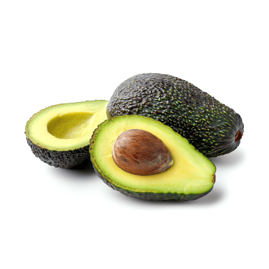 Avocado cut in half with a whole avocado on a white background