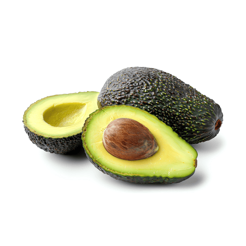 Avocado cut in half with a whole avocado on a white background