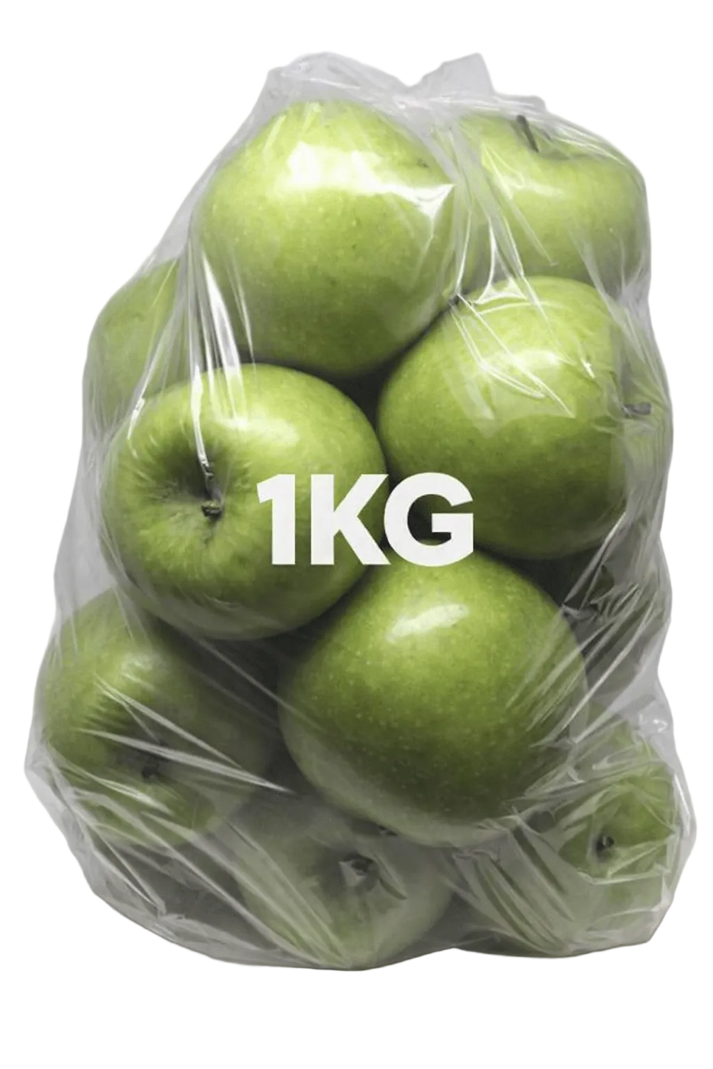 Bag of green apples labeled '1KG' on a white background