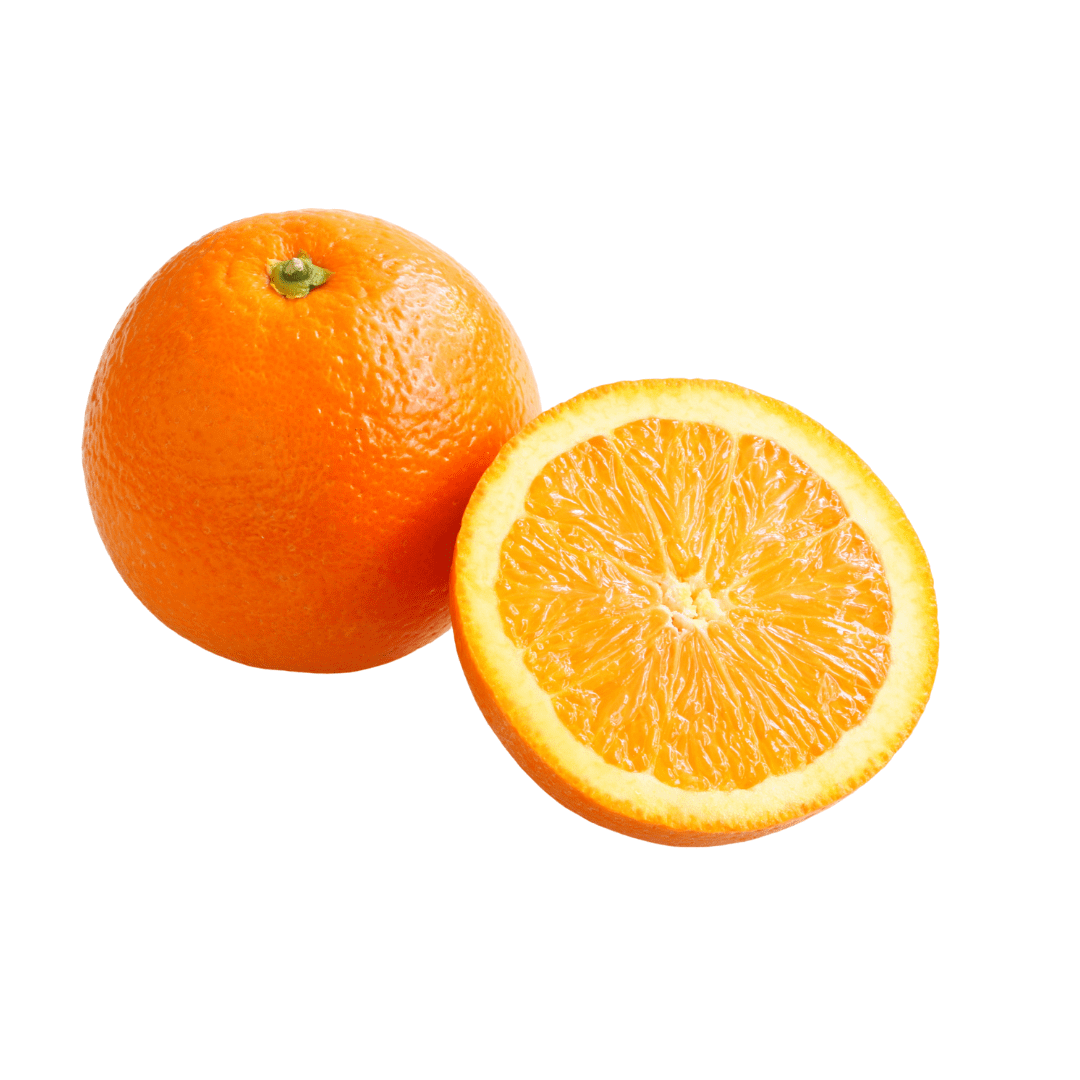 Whole and sliced orange on a white background