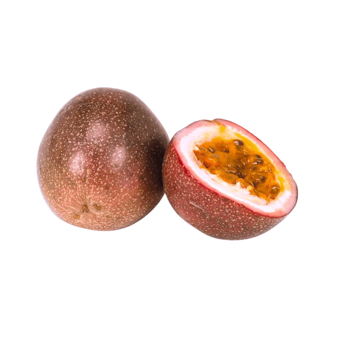 Passion fruit whole and sliced on a white background