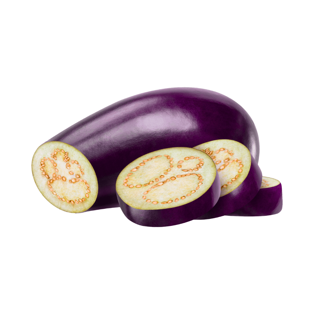Whole and sliced eggplant on a white background