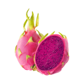 Dragon fruit with a cut half revealing its vibrant pink interior on a white background