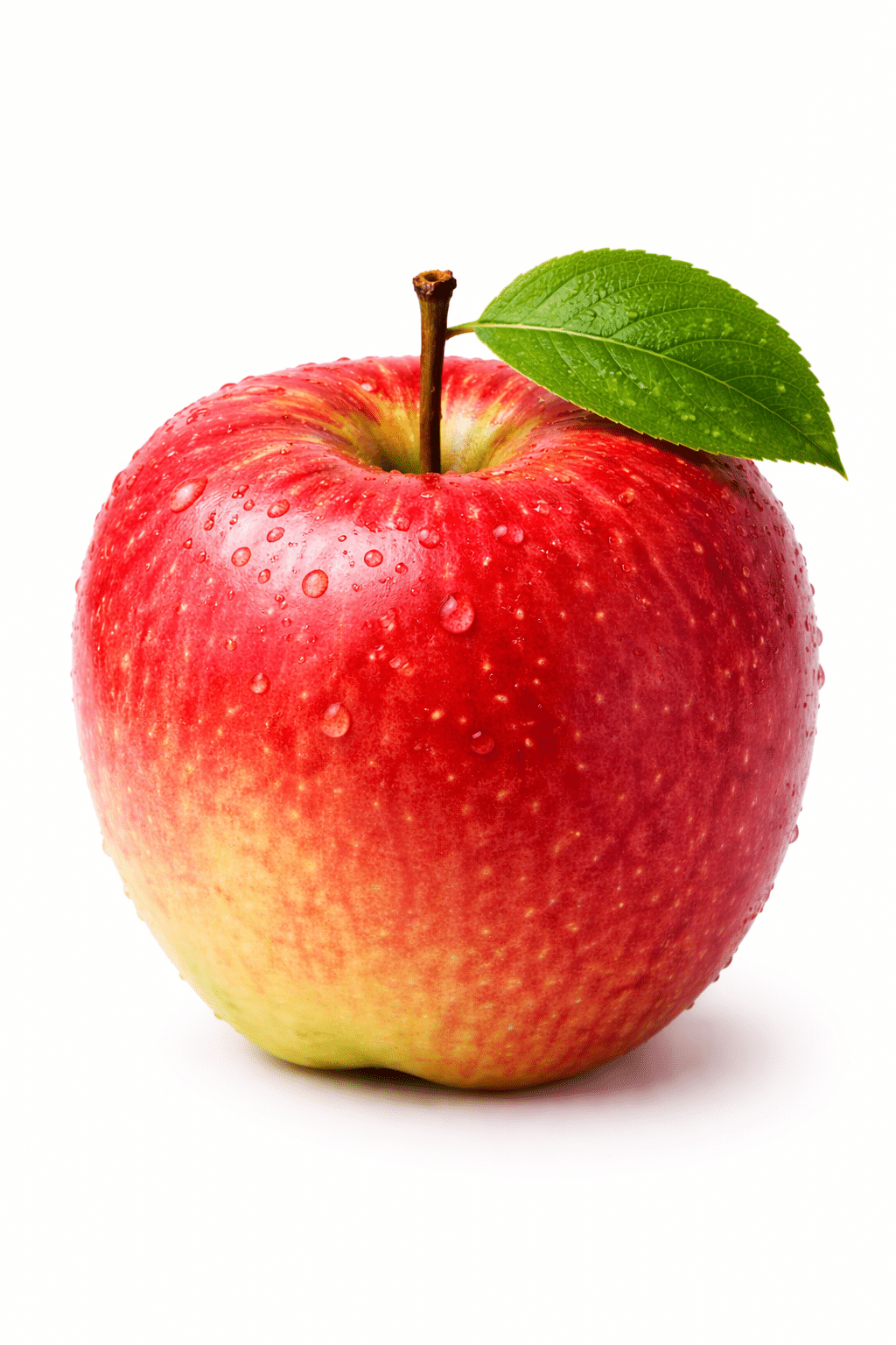 Red apple with a green leaf on a white background