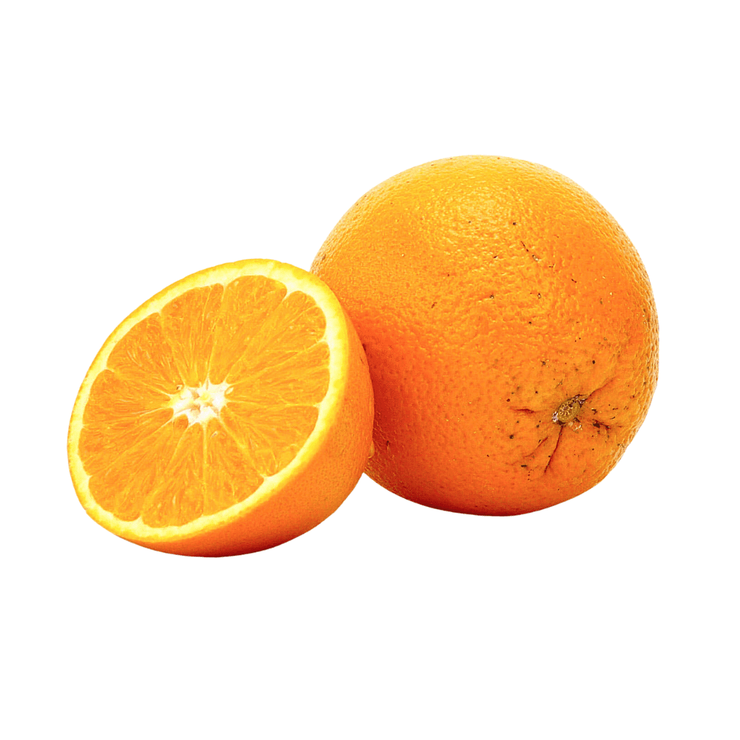 Orange and a halved orange on a white background