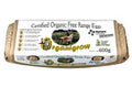 Package of Certified Organic Free Range Eggs with branding and product details on a white background