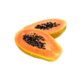 Two halves of a papaya on a white background
