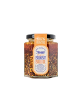 Jar of crunchy chilli oil with a label on a white background